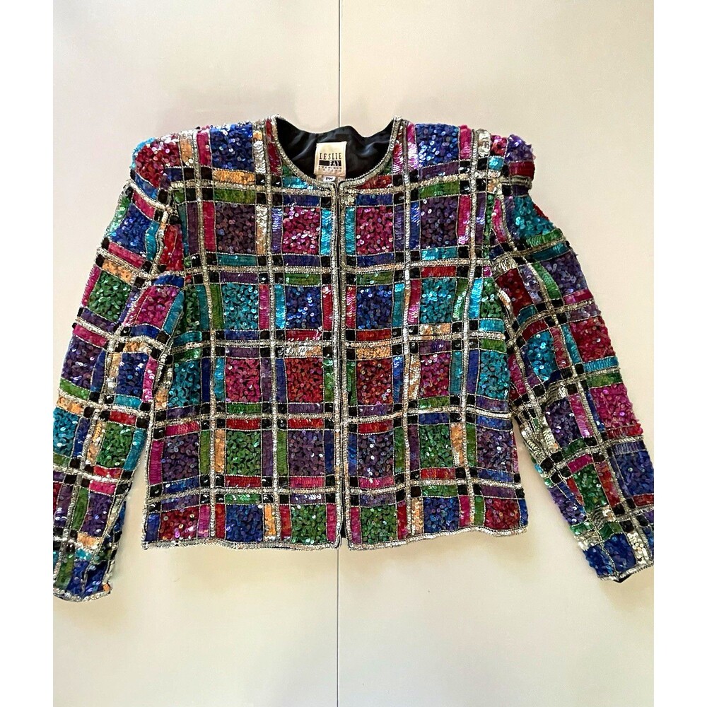 Vintage Leslie Fay PM Petite Color Block Sequin Beaded Silk Jacket